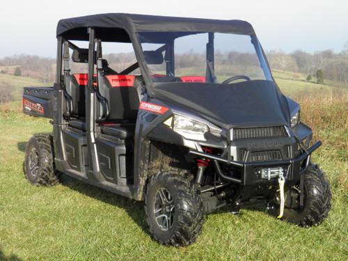 3 Star vinyl windshield, top and rear window combo on a gray Polaris Ranger Crew, front three-quarter view