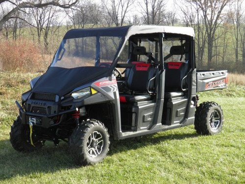 3 Star vinyl windshield and soft top combo on a Polaris Ranger 1000 Crew, front three-quarter view in a field