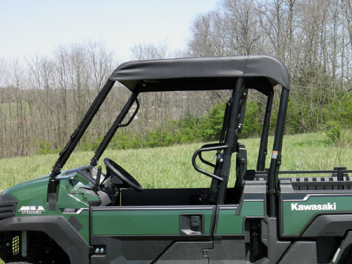 3 Star black soft top on a green Kawasaki Mule Pro-MX, side view outdoors