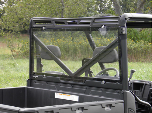 Polaris Ranger 900 one-piece Lexan back panel installed behind the seats, rear view of the full clear panel
