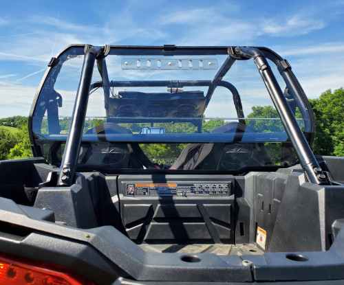 Clear 3 Star 1-piece Lexan back panel with vents installed on a Polaris RZR XP 1000-4, rear view