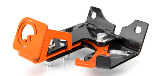 SuperATV parking brake kit for Polaris RZR, complete assembly with orange lever and black bracket on white background