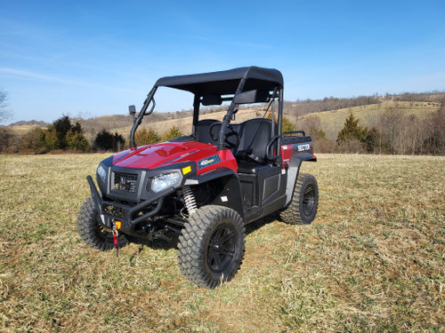 3 Star black soft top on a red Hisun Sector 450, front 3/4 view in a field under blue sky