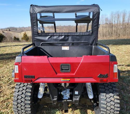 Straight rear view from behind the tailgate of the 3 Star soft back panel and soft top on the Hisun Sector 450