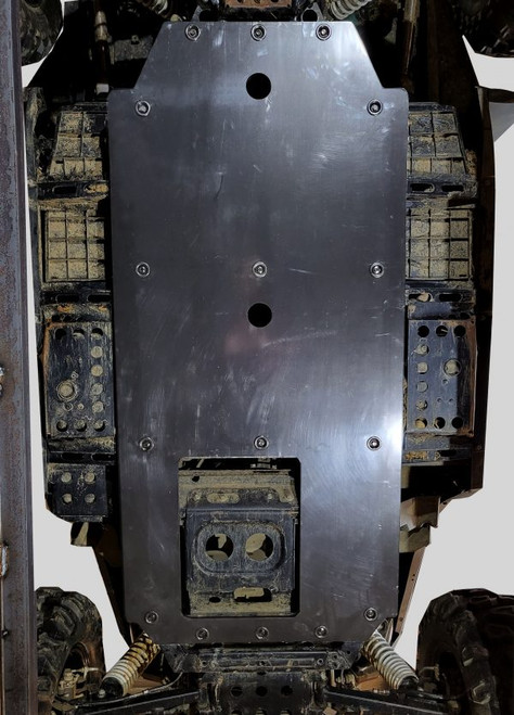 3 Star HDPE skid plate installed on the underside of a CF Moto Z-Force, full-length black panel seen from below