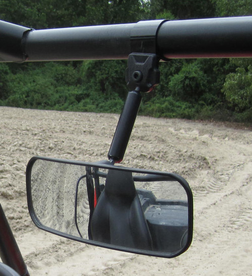 Seizmik wide angle rear view mirror clamped to a UTV roll cage bar, showing the full mirror and mount