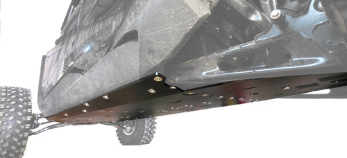 3 Star half-inch HDPE skid plate bolted under the chassis of a CFMoto ZForce Z10-4, low side view