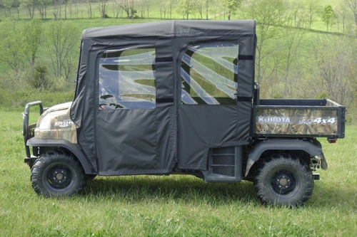 3 Star soft doors and rear window combo on a camo Kubota RTV 1140 crew cab, driver side profile in a field