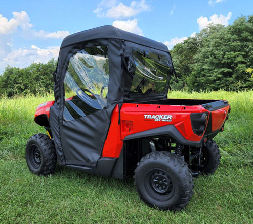 3 Star full cab enclosure with soft doors on a red side-by-side, rear three-quarter view in a field