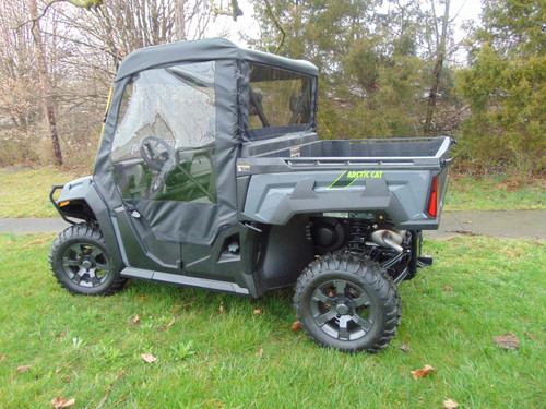 3 Star full cab enclosure for a hard windshield installed on a gray side-by-side, rear three-quarter view