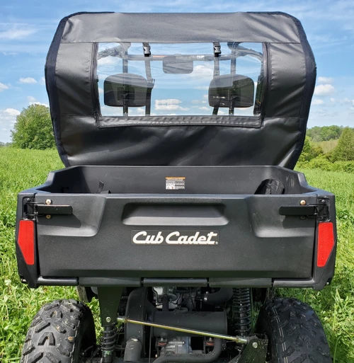 3 Star soft rear window panel on a Cub Cadet Challenger 400, straight rear view over the cargo bed