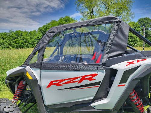 3 Star soft door and rear window combo on a white Polaris RZR XP 1000, close driver side rear view of the clear door window
