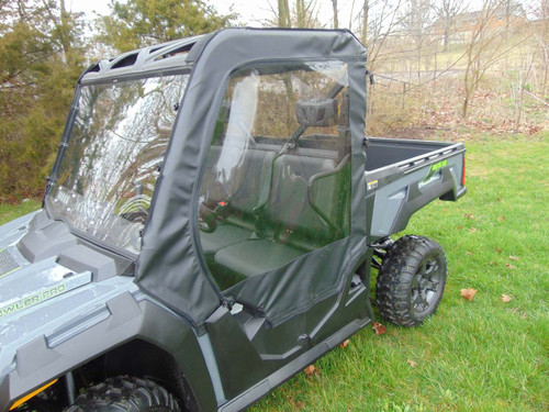 3 Star soft door and rear window combo installed on a gray utility side-by-side, front three-quarter view