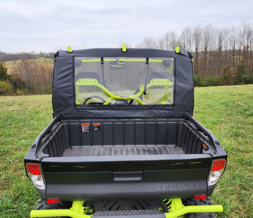 Rear view of a black Segway UT10 showing the 3 Star rear window panel with clear vinyl above the cargo bed