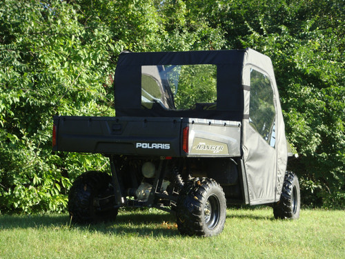 3 Star door and rear window combo on a Polaris Ranger 2-passenger, rear three-quarter view by trees