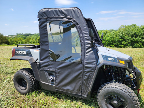 3 Star soft doors with clear windows on a white HiSun Sector 250, front three-quarter view in a field