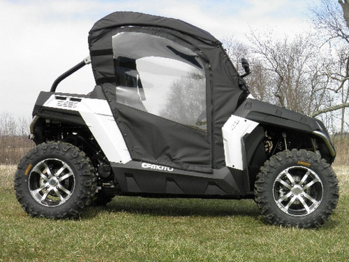 3 Star soft doors on a white and black CFMoto ZForce 600, driver side profile view on grass