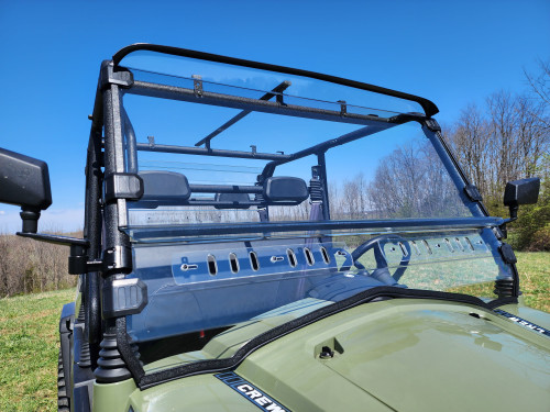 3 Star two-piece windshield on a green HiSun Sector 750 Crew, front view over the hood with lower vent slots