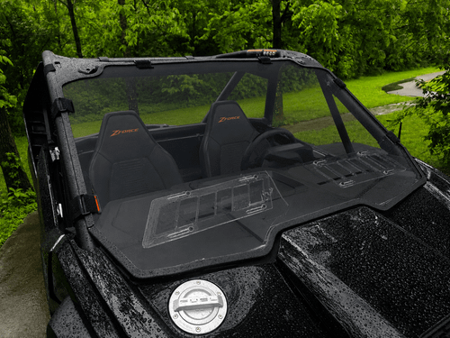 3 Star front windshield with large vents installed on a wet black CFMoto ZForce Z10, close view over the hood