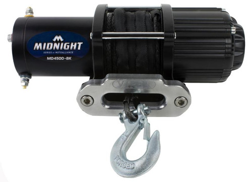 MotoAlliance Viper Midnight winch with black synthetic rope and hawse fairlead, front view