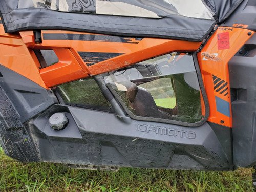 3 Star Lexan lower door insert with clear panel on an orange and black CFMoto ZForce, close driver side view