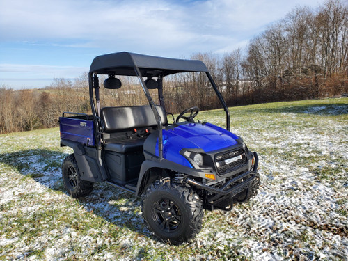 3 Star black soft top on a blue Bison utility side-by-side, driver side front angle in a snowy field