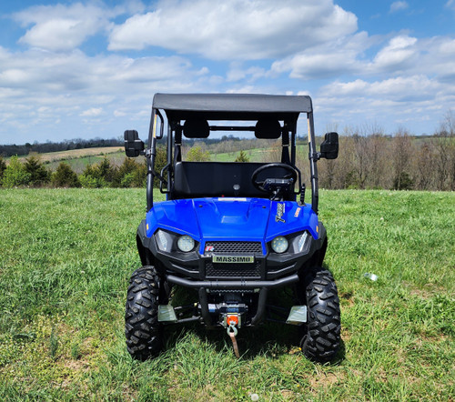 3 Star black canvas top on a blue Massimo T-Boss 410, straight front view with mirrors and winch in a field