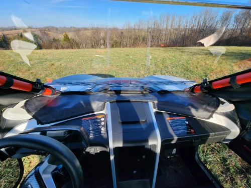 3 Star wind reduction dash pad on a Segway Villain viewed from the driver seat, black pad along the dash below the windshield