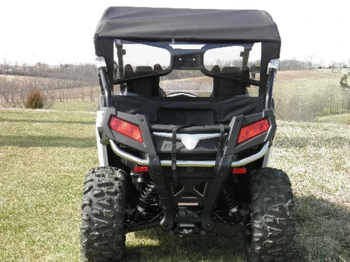Rear view of a white CFMoto ZForce 600 with the 3 Star soft back panel and soft top installed on the cage