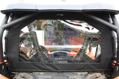Greene Mountain rear window on a Can-Am Maverick with the factory roof, straight rear view of the clear panel