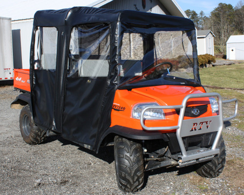 Greene Mountain black cab enclosure with clear windows on a Kubota RTV 1140 crew model with a front bumper