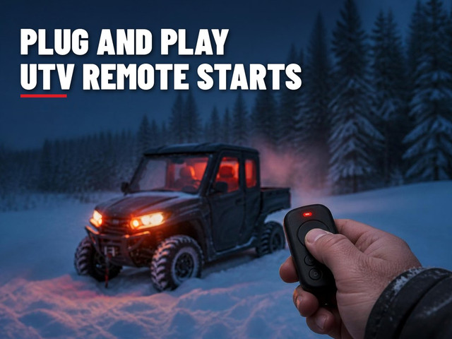 Remote start demo: a thumb presses the key fob, the red LED blinks, the UTV headlights come on and the cab glows warm in the snow
