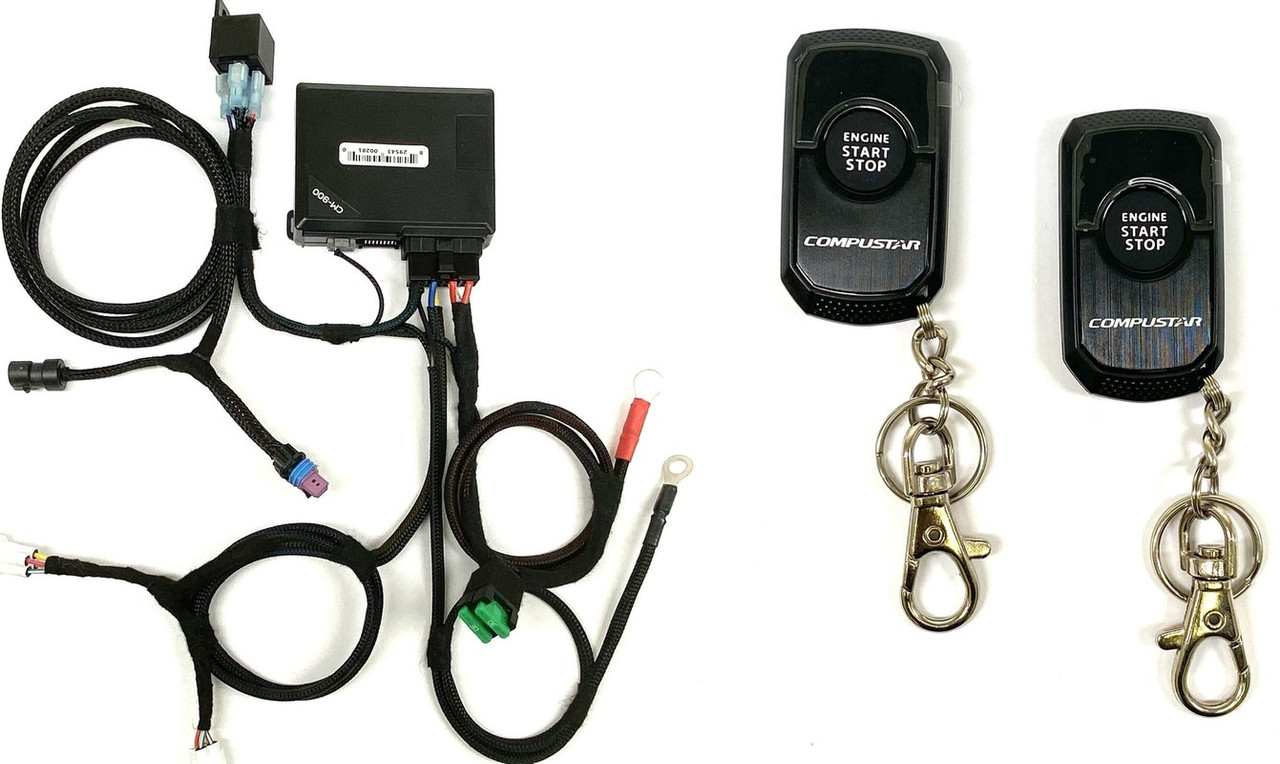 Dirty Teeth Racing plug-and-play remote start kit contents: brain module, plug-in T-harness, ring terminals and two remotes