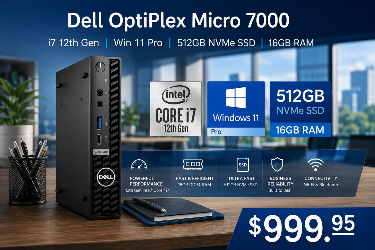 Dell OptiPlex Micro 7000, i7 12th Gen, Win 11 Pro, 512GB Nvme SSD, 16GB RAM 