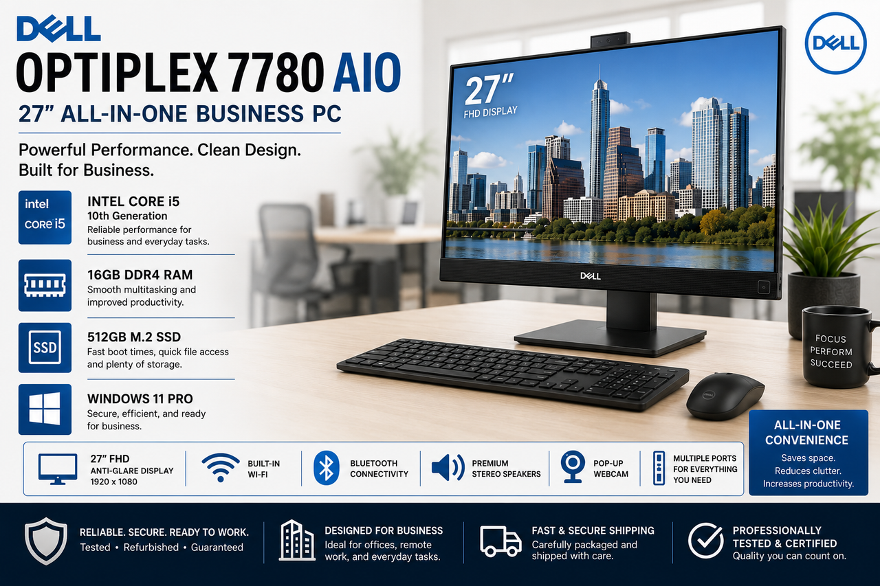 Dell OptiPlex 7780 27" AIO  i5 10th Gen, Win 11 Pro, 16GB Ram, 512GB Nvme SSD