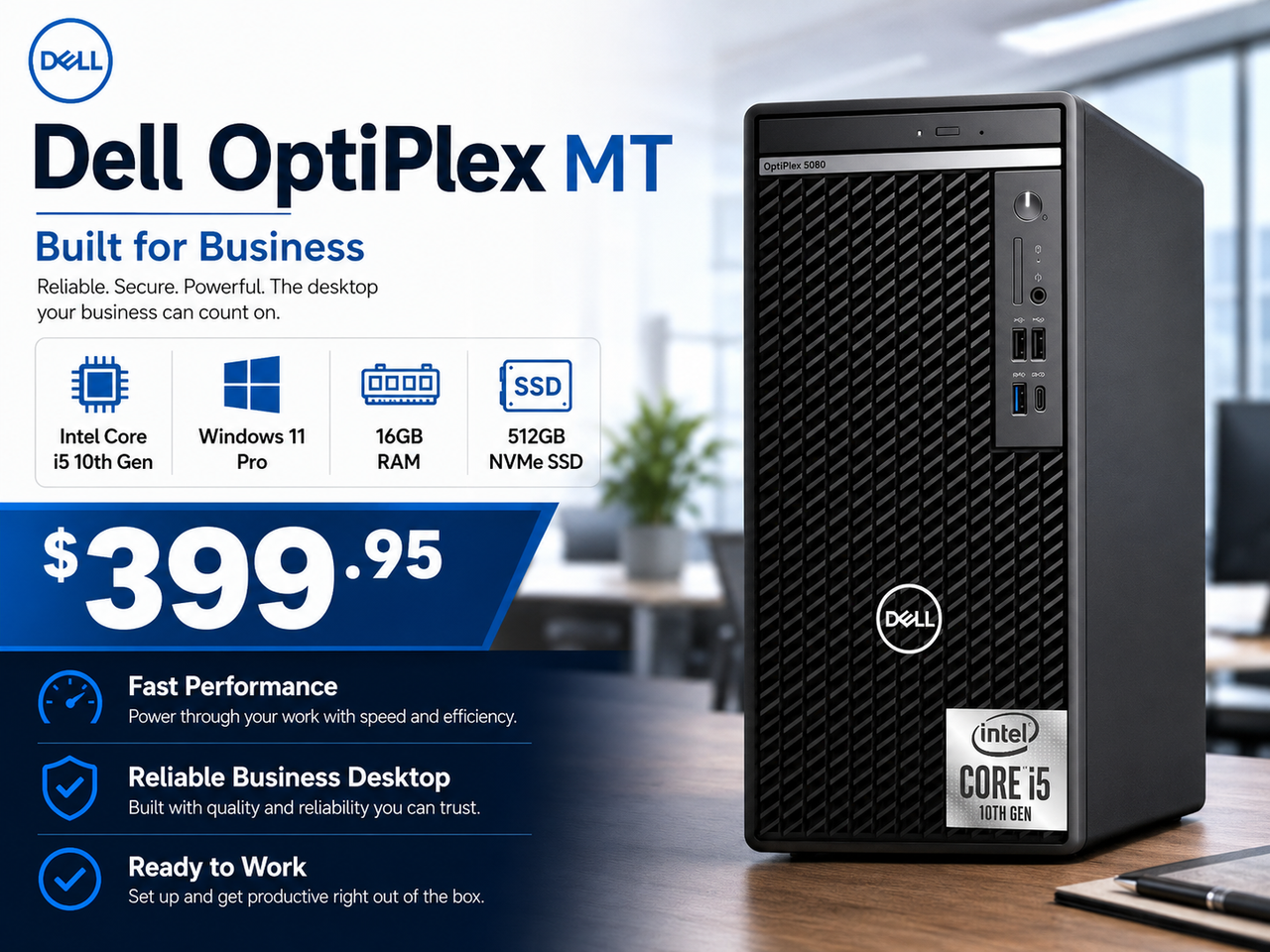 Dell OptiPlex MT i5 10th Gen, Win 11 Pro, 16GB Ram, 512GB Nvme SSD