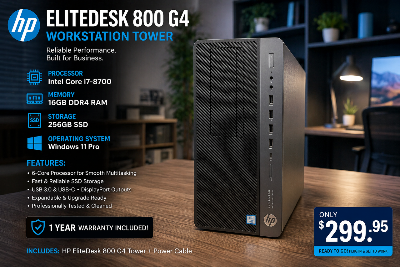 HP EliteDesk 800 G4 Workstation Tower Intel i7-8700, Win 11 Pro, 16GB RAM, 256GB SSD