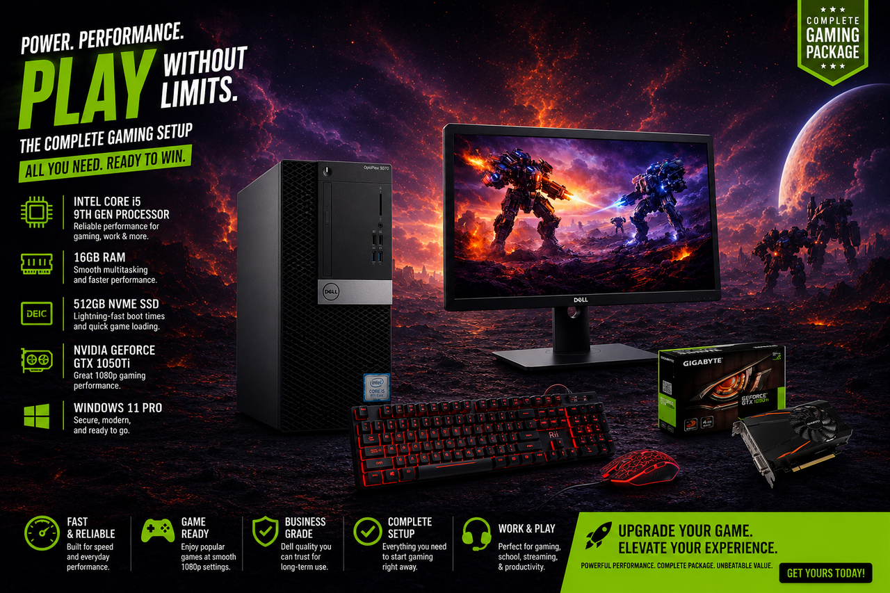 Dell i5 Gaming Package,  24" Monitor, 512GB NVME SSD, 16GB Ram, Nvidia 1050Ti