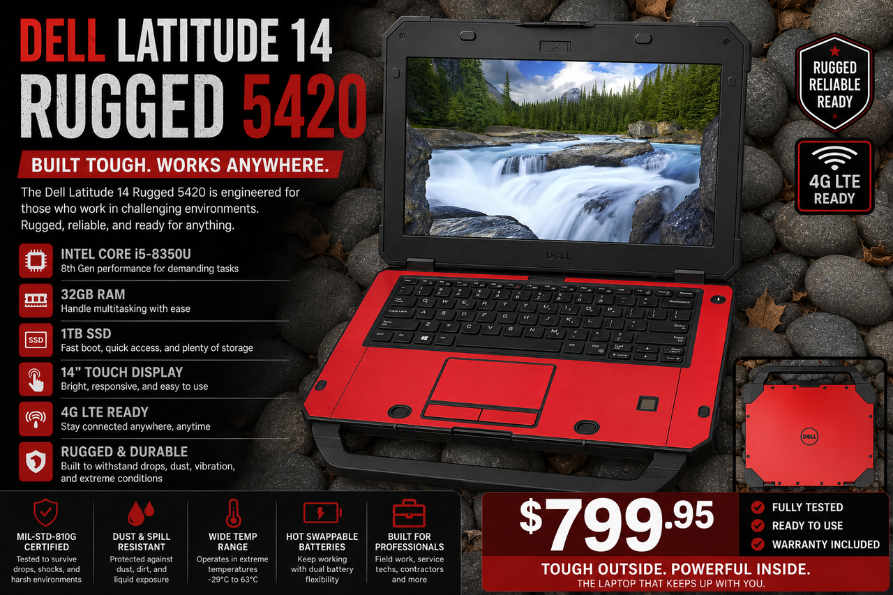 Dell Latitude 5420 Rugged Touch i5 Red Laptop Win 11 Pro, 32GB Ram, 512GB SSD, Dual Battery