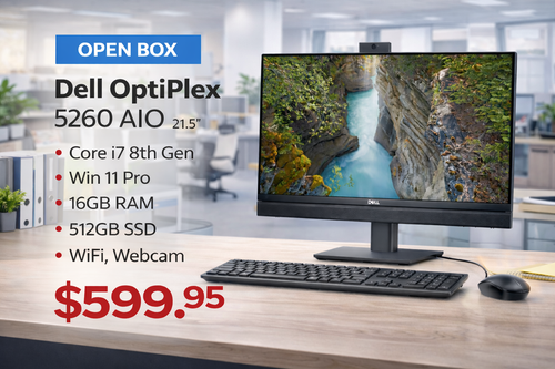 "Open Box" Dell OptiPlex 5260 AIO  21.5" i7 8th Gen Win 11 Pro, 16GB Ram, 512GB SSD, WiFi, Webcam