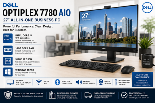 Dell OptiPlex 7780 27" AIO  i5 10th Gen, Win 11 Pro, 16GB Ram, 512GB Nvme SSD