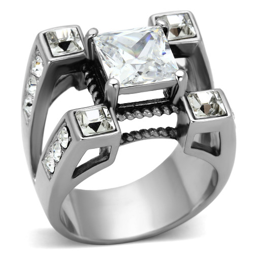 TK1072 - High polished (no plating) Stainless Steel Ring with AAA Grade CZ  in Clear