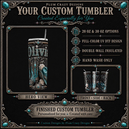 Finished personalized Western Glam tumbler with turquoise cowgirl boots, matching hat, silver details, white roses, and the custom name Olivia.