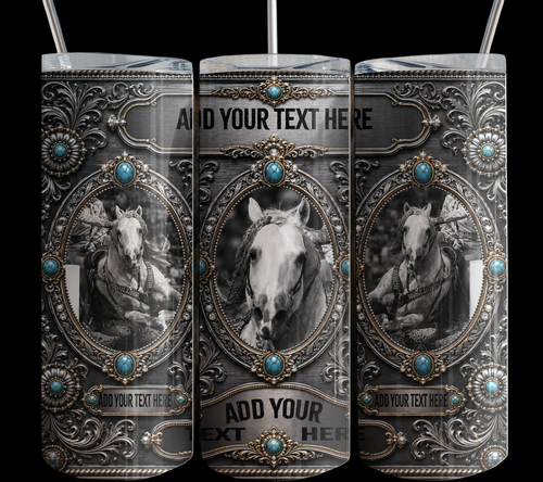 Personalized 3 photo tumbler turquoise & silver, ornate silver scrollwork, crystal accents, and dramatic western detailing