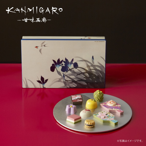 Kanmigaro "Irises and Swallows" Chocolate in a tin box