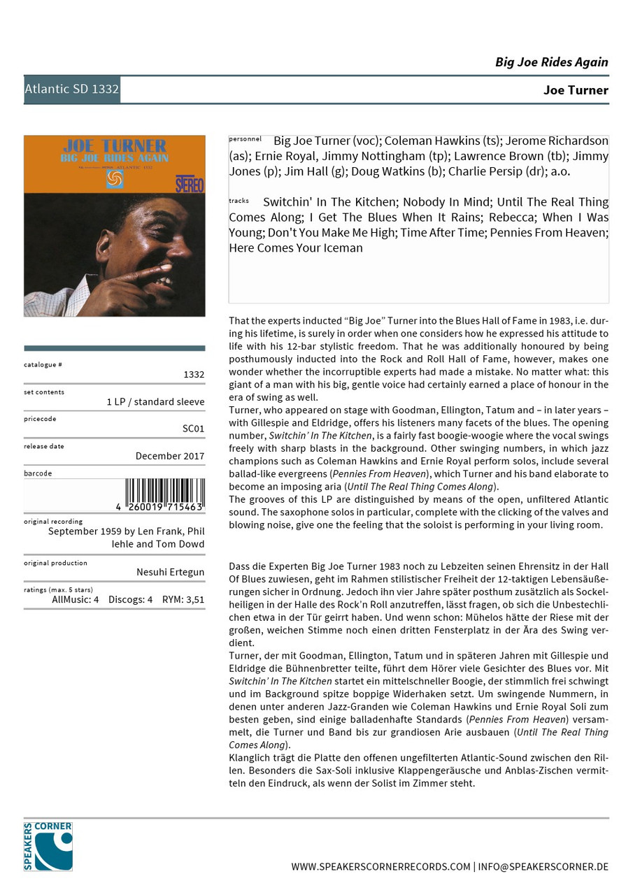 Jazz Vinyl | Joe Turner: Big Joe Rides Again - LP 180g, Remastered
