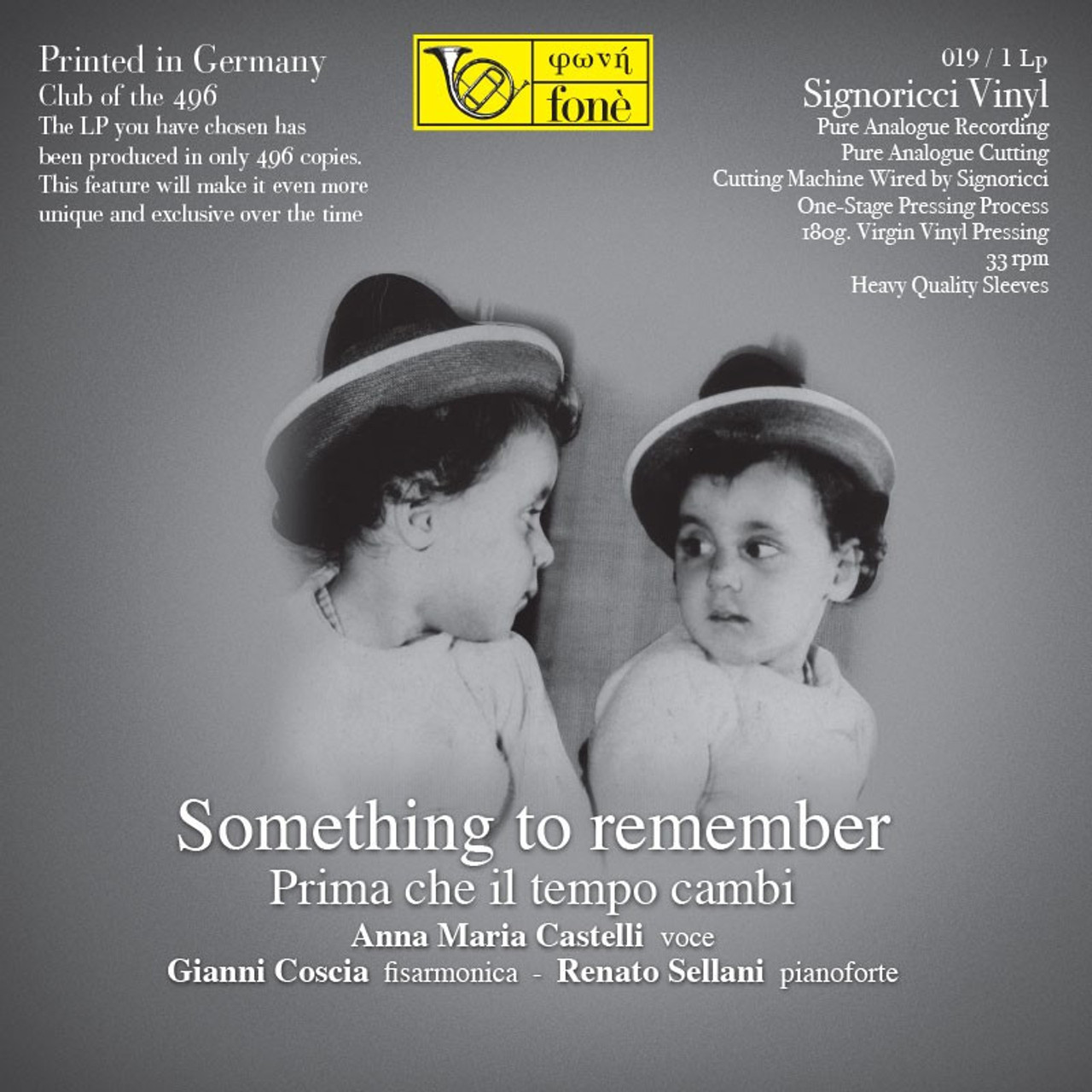 Jazz Vinyl  Anna Maria Castelli, Gianni Coscia, Renato Sellani: Something  to Remember, Prima Che Il Tempo Cambi - LP 180g, Limited to 497, Fonè  Records FoneLP019, EAN 8012871001910, Limited to 497