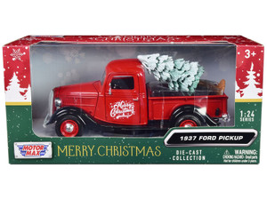 1937 Ford Pickup Truck Red and Black "Merry Christmas" with Tree Accessory 1/24 Diecast Model Car b F977-73233RBIXMT 1937 Ford Pickup Truck Red and Black "Merry Christmas" with Tree Accessory 1/24 Diecast Model Car b F977-73233RBIXMT