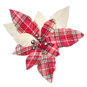Christmas Floral Ivory and Plaid Poinsettia Pick with Bells N274-FC01356321 Christmas Floral Ivory and Plaid Poinsettia Pick with Bells N274-FC01356321