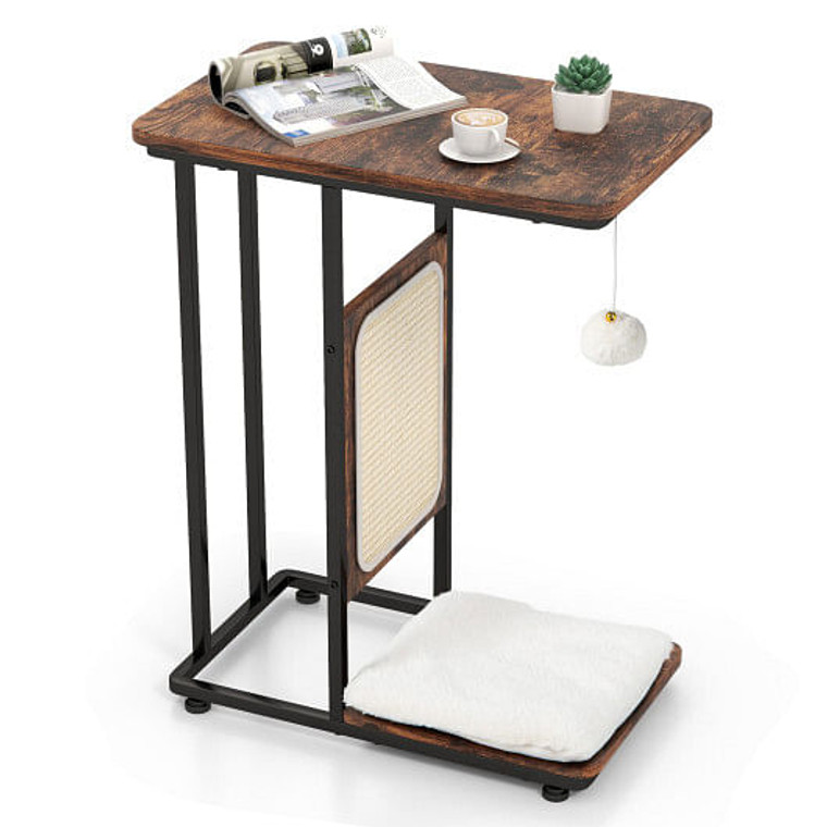 C- Shaped Cat Side Table Cat Tree with Scratching Board-Rustic Brown B593-PV10131